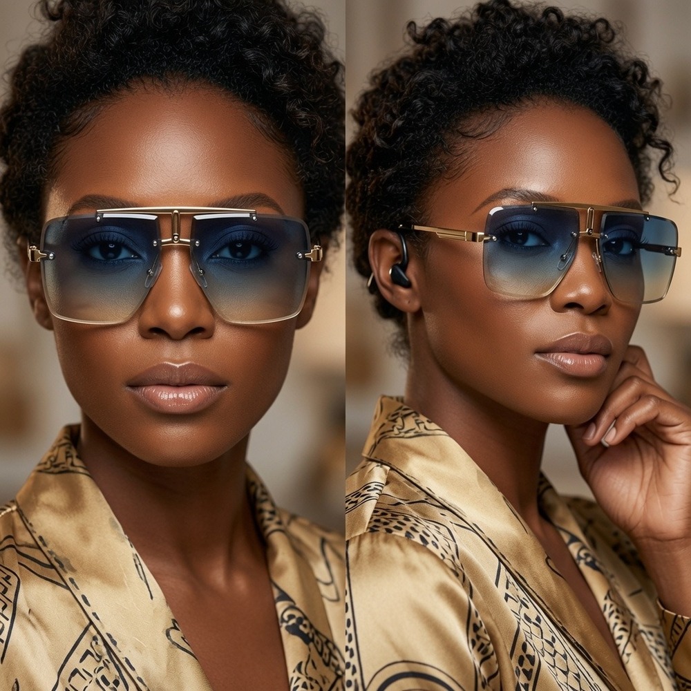 Women Oversized Rimless Sunglasses Gold Green Yellow Gradient Lens Modern Square